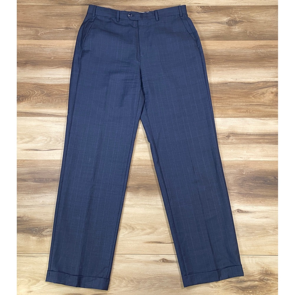 J. Hilburn Dress Trousers Mens 34x31 Plaid 100% Wool Straight Navy Blue Heritage